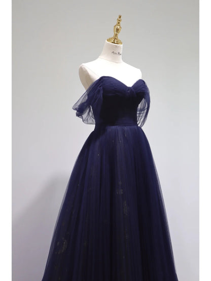 Pretty Ball Gown Off The Shoulder Navy Blue Tulle Long Prom Dresses Party Dress SD1326