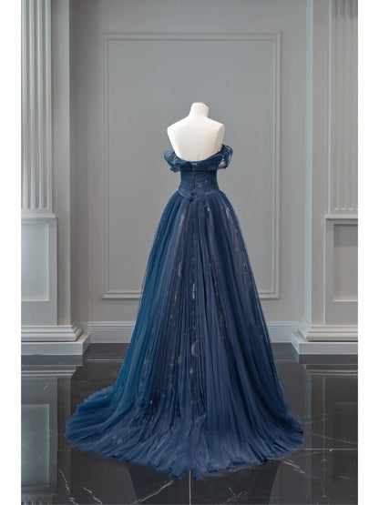 Pretty Ball Gown Off The Shoulder Navy Blue Tulle Long Prom Dresses Party Dress SD1326