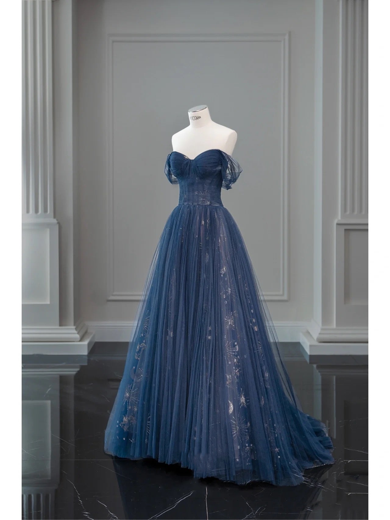 Pretty Ball Gown Off The Shoulder Navy Blue Tulle Long Prom Dresses Party Dress SD1326