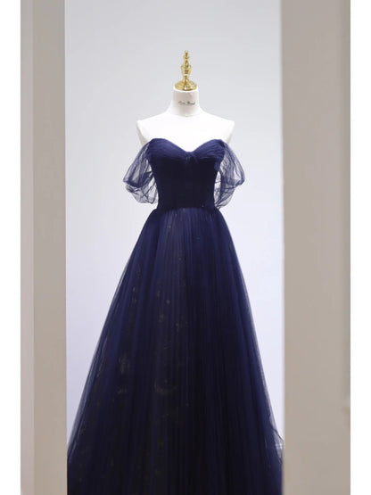Pretty Ball Gown Off The Shoulder Navy Blue Tulle Long Prom Dresses Party Dress SD1326