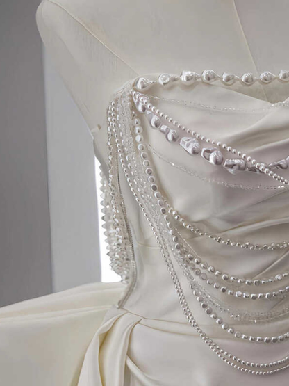 Unique Mermaid White Satin Strapless Pleats Long Satin Wedding Dress SD2001