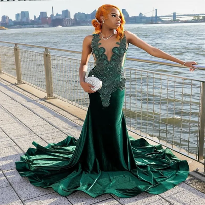 Pretty Mermaid V Neckline Green Velvet Silver Beads Long Prom Dresses Formal Evening Dress SD1402