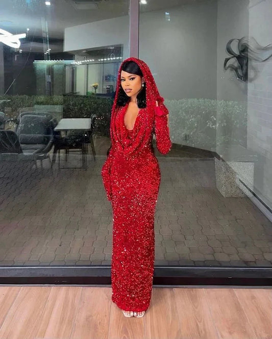 Red Shiny Pretty V Neck Long Bodycon Sexy Sequined Prom Dress Formal Evening Gown Party Dress gh3414
