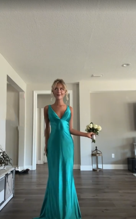 Classy A line V Neckline Blue Satin Sleeveless Long Prom Dresses SD1444