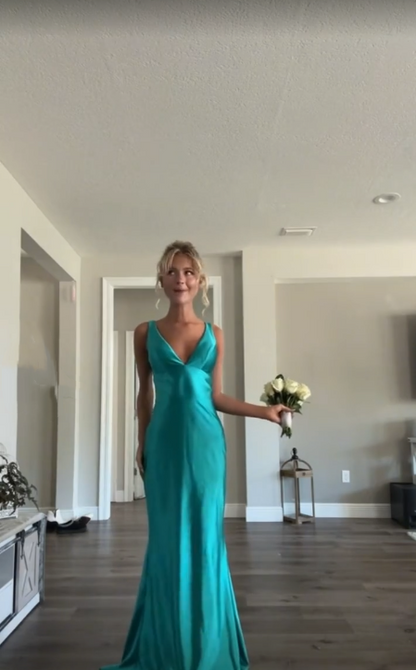 Classy A line V Neckline Blue Satin Sleeveless Long Prom Dresses SD1444