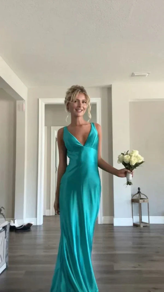 Blue Elegant V Neck Long Satin prom dress Evening Dress Wedding Guest Party Dress gh3343