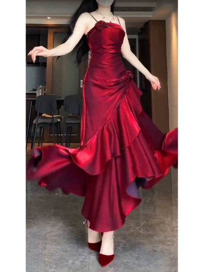 Simple Mermaid Spaghetti Straps Burgundy Party Dress Long Prom Dresses SD1465