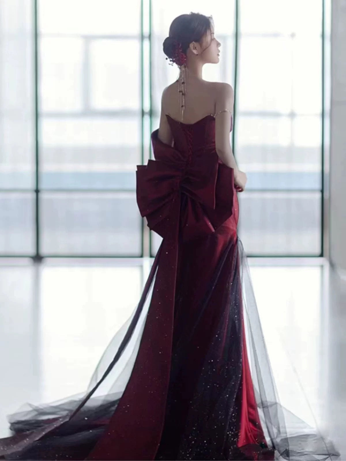 Classy Mermaid Off The Shoulder Burgundy Long Party Dress Satin Prom Dresses SD1467