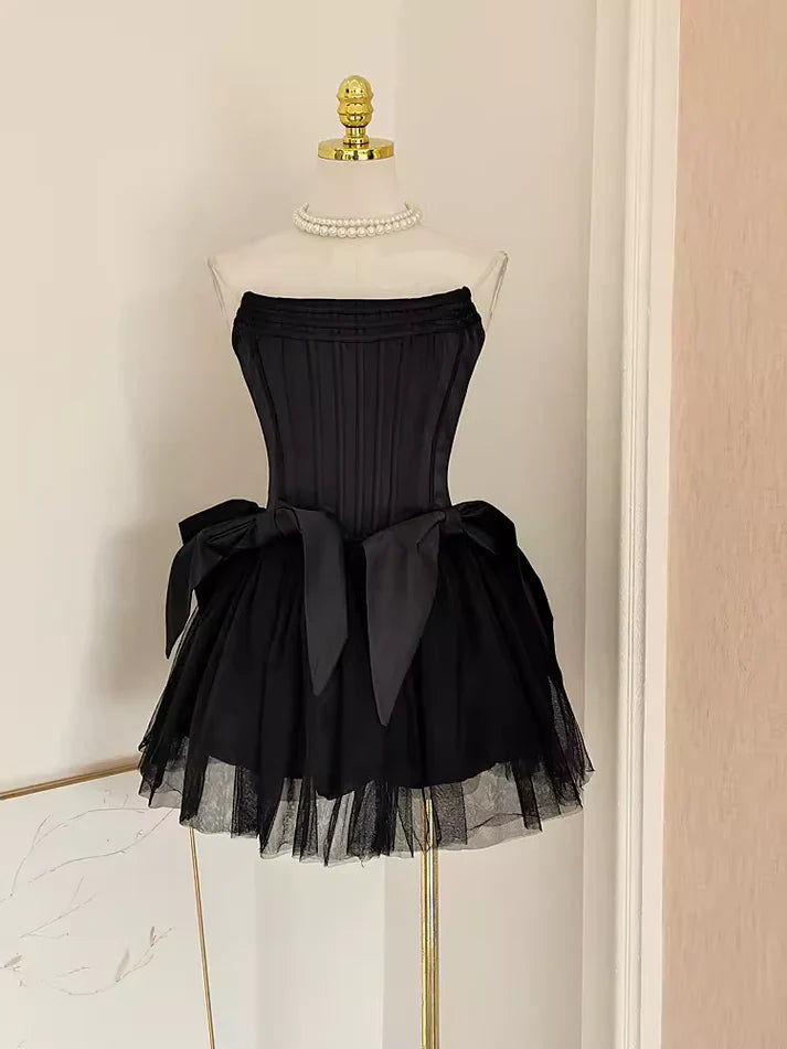 Black Sweet Cute A-line Off-shoulder Short Travel Holiday Dress Satin Birthday Dress Homecoming Dress Party Dress 11282