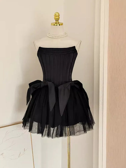 Black Sweet Cute A-line Off-shoulder Short Travel Holiday Dress Satin Birthday Dress Homecoming Dress Party Dress 11282