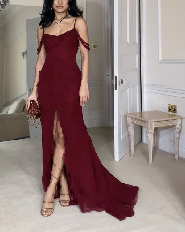 Pretty Mermaid Off The Shoulder Burgundy Slit Long Prom Dresses Formal Evening Dress SD1501