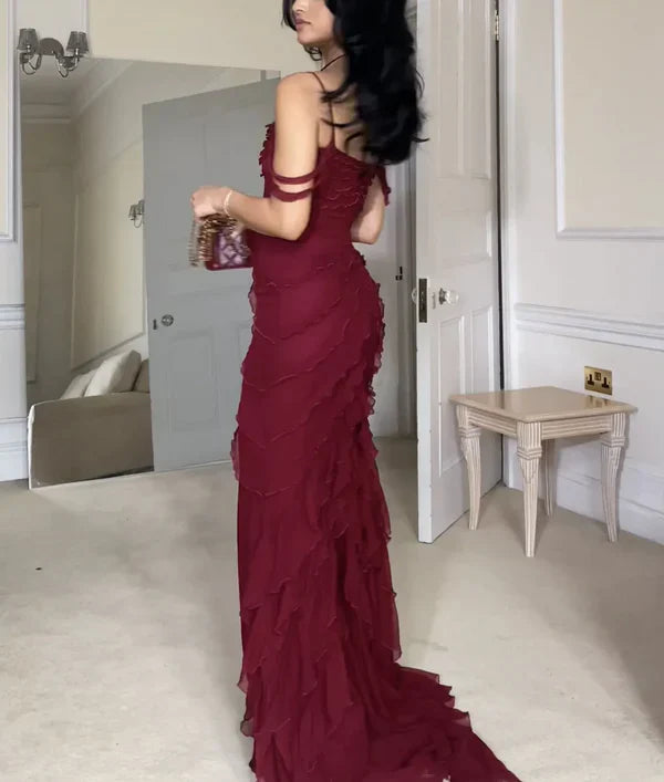 Pretty Mermaid Off The Shoulder Burgundy Slit Long Prom Dresses Formal Evening Dress SD1501