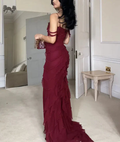 Pretty Mermaid Off The Shoulder Burgundy Slit Long Prom Dresses Formal Evening Dress SD1501