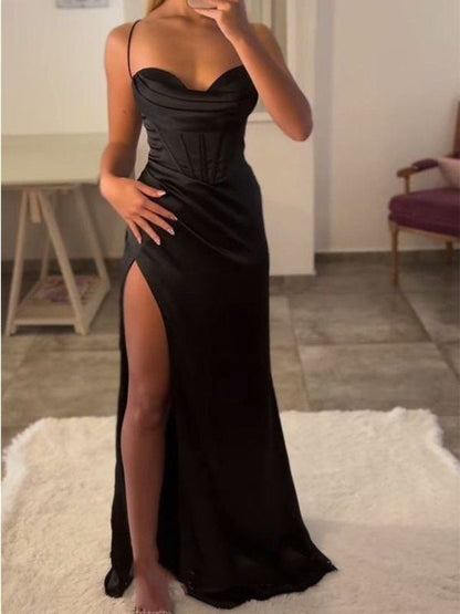 Classy Sheath Spaghetti Straps Red Satin Sleeveless Long Backless Prom Dresses SD1447