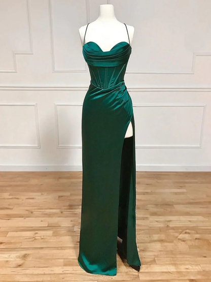 Classy Sheath Spaghetti Straps Red Satin Sleeveless Long Backless Prom Dresses SD1447