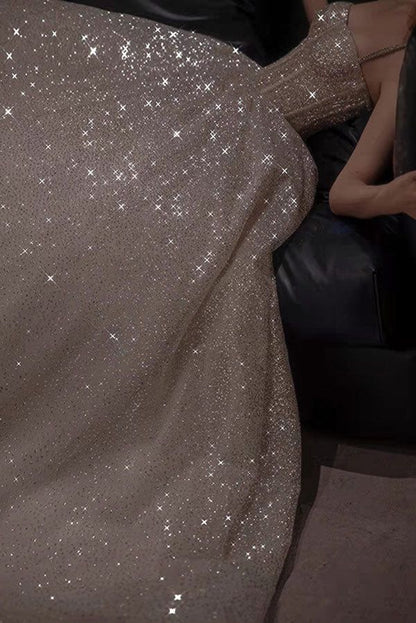 Champagne gorgeous shiny elegant fashion spaghetti strap long sequined prom dress, evening dress, party dress gh3520