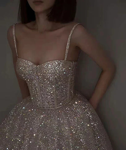 Champagne gorgeous shiny elegant fashion spaghetti strap long sequined prom dress, evening dress, party dress gh3520