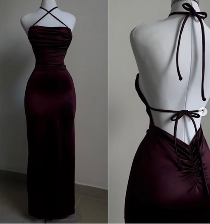 Sexy Mermaid Halter Floor Length Burgundy Backless Evening Dress Prom Dresses SD1595
