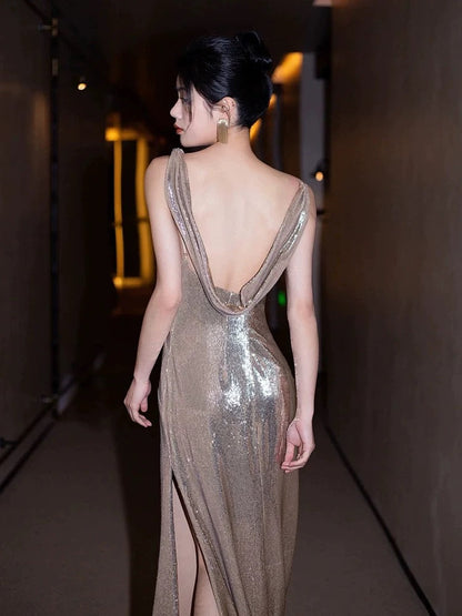 Sexy Mermaid Sequin Backless Floor Length Evening Dress Prom Dresses SD1610
