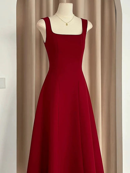Sexy A Line Square Neckline Red Satin Ankle Length Evening Dress Prom Dresses SD1618