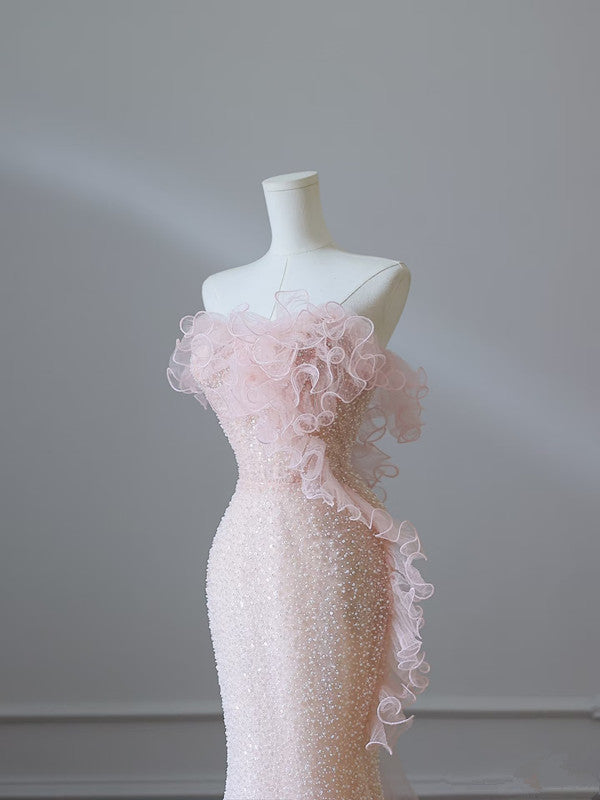 Modest Mermaid Strapless Pink Tulle Flowers Evening Dress Long Prom Dresses SD1650