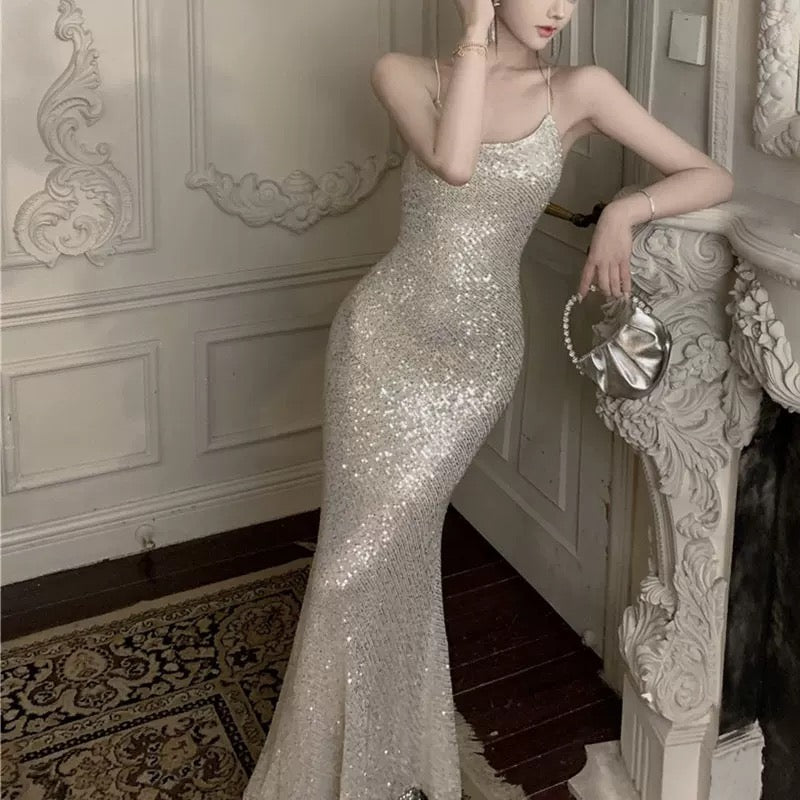 Sexy Mermaid Spaghetti Straps Sequin Floor Length Evening Dress Prom Dresses SD1650