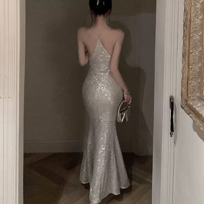 Sexy Mermaid Spaghetti Straps Sequin Floor Length Evening Dress Prom Dresses SD1650