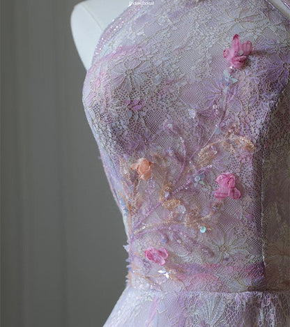 Modest A Line High Neckline Lilac Lace Tulle Flowers Evening Dress Prom Dresses SD1651