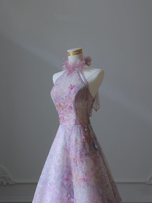 Modest A Line High Neckline Lilac Lace Tulle Flowers Evening Dress Prom Dresses SD1651