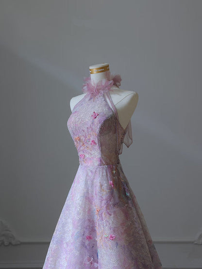 Modest A Line High Neckline Lilac Lace Tulle Flowers Evening Dress Prom Dresses SD1651