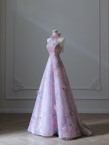 Modest A Line High Neckline Lilac Lace Tulle Flowers Evening Dress Prom Dresses SD1651