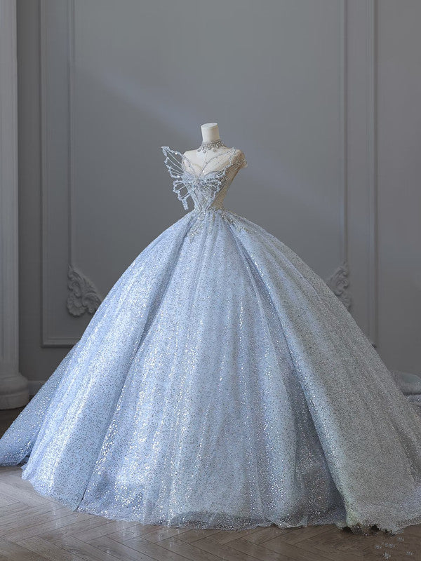 Fairytale Ball Gown Strapless Neckline Sequin Light Sky Blue Long Wedding Dresses Brides Dress SD1656