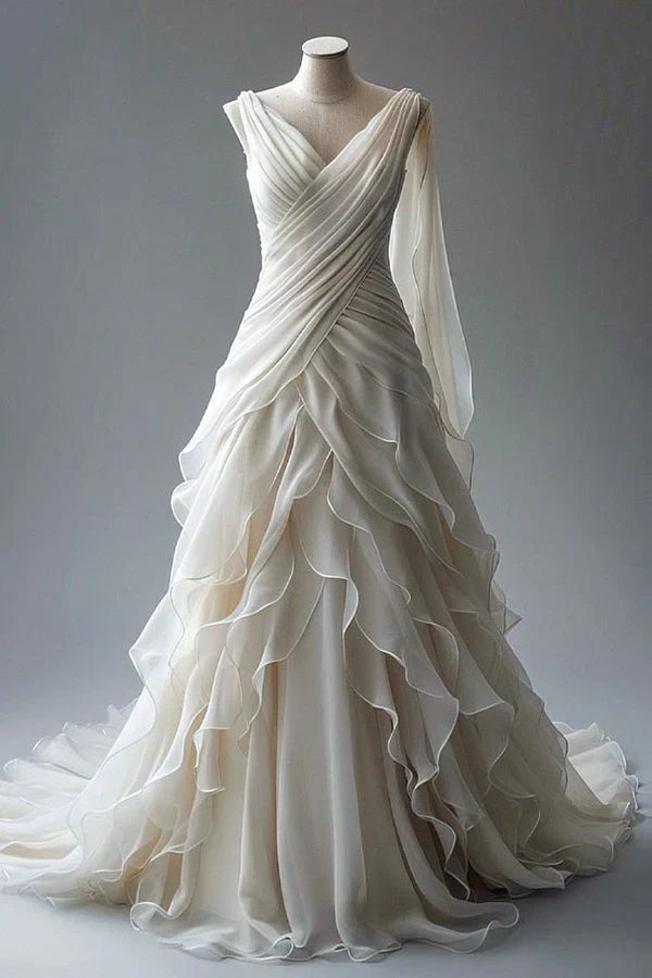 Ivory Vintage Long Tulle Ball Gown Wedding Dress gh4951