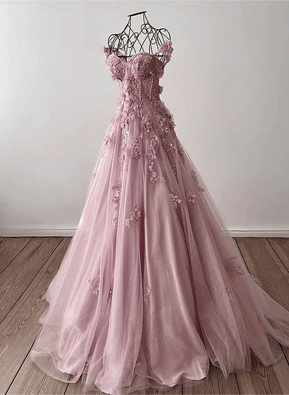 Retro Pink Off Shoulder Tulle Floral Party Dress Tulle Prom Dress Evening Dress SD1747