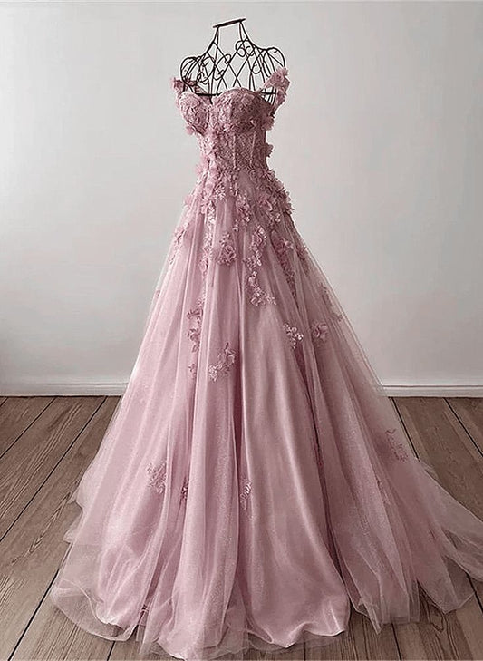 Retro Pink Off Shoulder Tulle Floral Party Dress Tulle Prom Dress Evening Dress SD1747