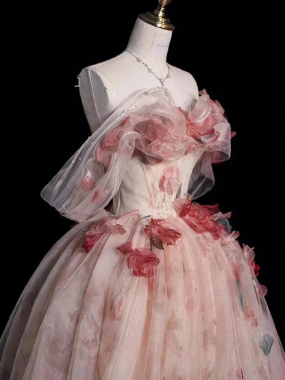 Aesthetic Ball Gown Off The Shoulder Pink Lace Party Dress Long Prom Dress Evening Dresses SD1772
