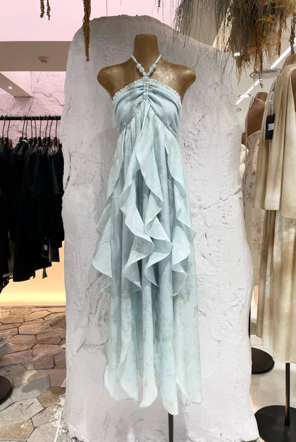 Cute A line Halter Ruffled Floral Blue Summer Holiday Dress Women's Long Vacation Dresses S180