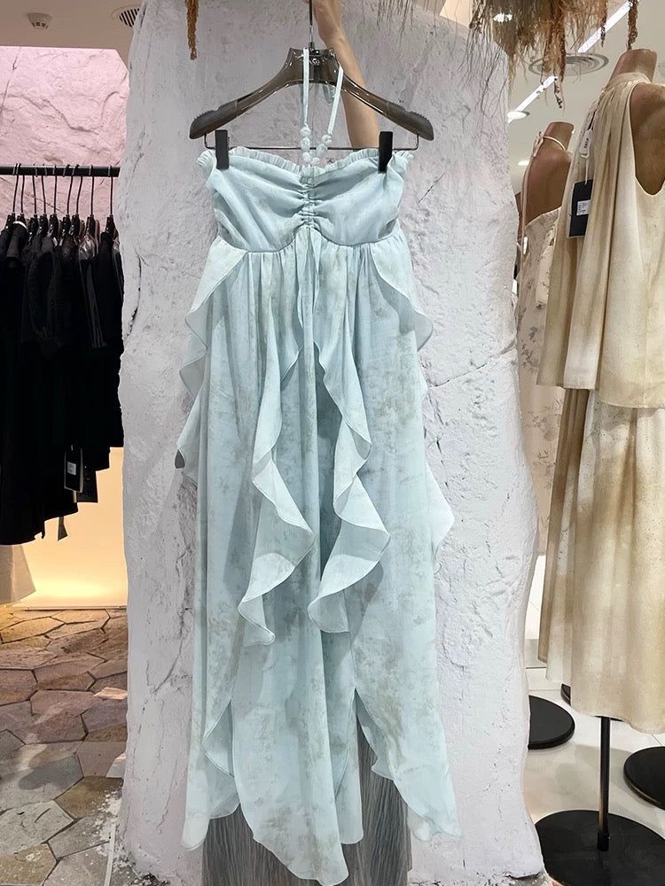 Cute A line Halter Ruffled Floral Blue Summer Holiday Dress Women's Long Vacation Dresses S180