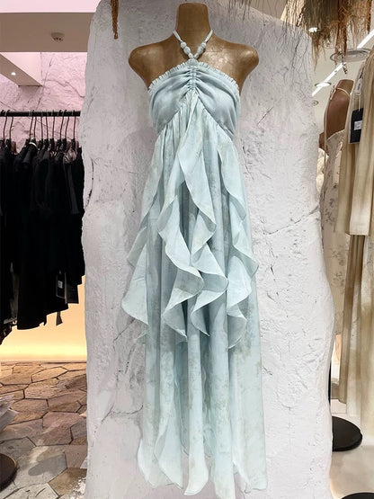 Cute A line Halter Ruffled Floral Blue Summer Holiday Dress Women's Long Vacation Dresses S180