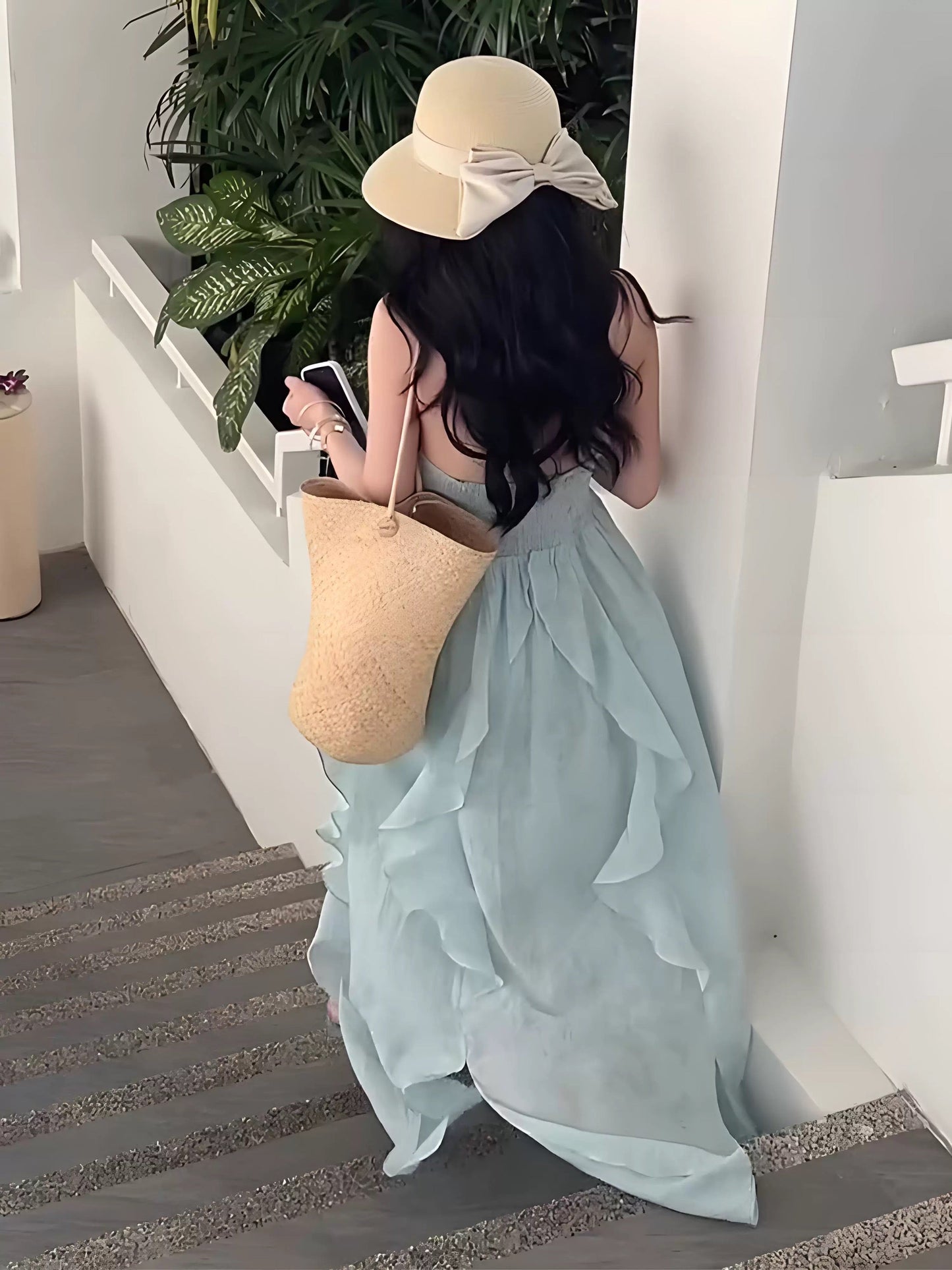 Cute A line Halter Ruffled Floral Blue Summer Holiday Dress Women's Long Vacation Dresses S180