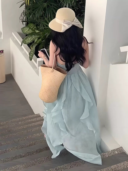 Cute A line Halter Ruffled Floral Blue Summer Holiday Dress Women's Long Vacation Dresses S180