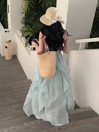 Cute A line Halter Ruffled Floral Blue Summer Holiday Dress Women's Long Vacation Dresses S180