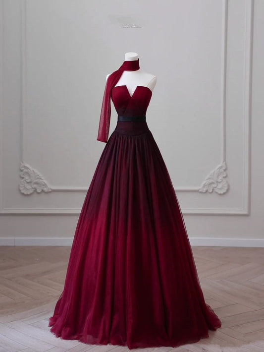 Sexy Ball Gown Sweetheart Burgundy Tulle Long Evening Gowns Prom Dresses SD1821