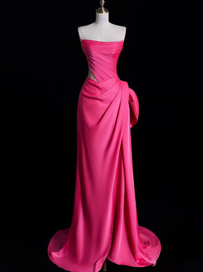 Modest Mermaid Strapless Pink Satin Party Dress Long Prom Dress Evening Dresses SD1852