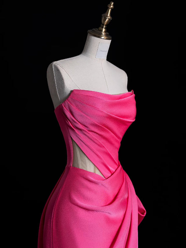 Modest Mermaid Strapless Pink Satin Party Dress Long Prom Dress Evening Dresses SD1852