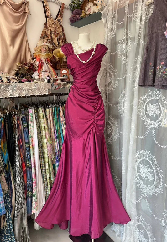 Pink Vintage Fashion Long Pleated Mermaid Slim Floor Length Satin Evening Gown Ball Gown gh3379
