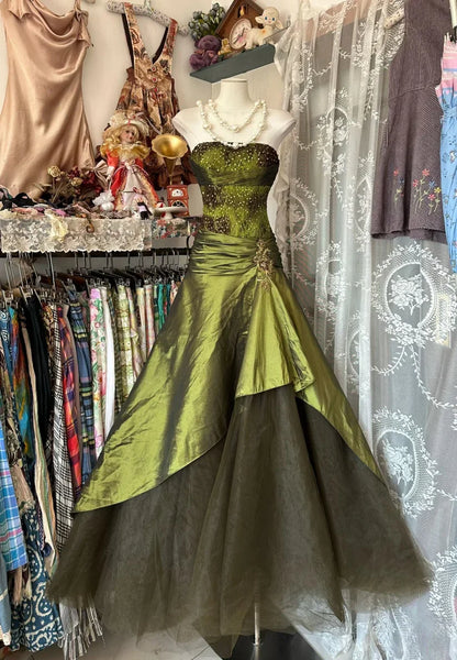 Olive Green Elegant Exquisite Beading Long Satin Vintage Fashion Mermaid Off-the-shoulder Floor-length Evening Gown Ball Gown Prom Dress Ball Gown gh3813