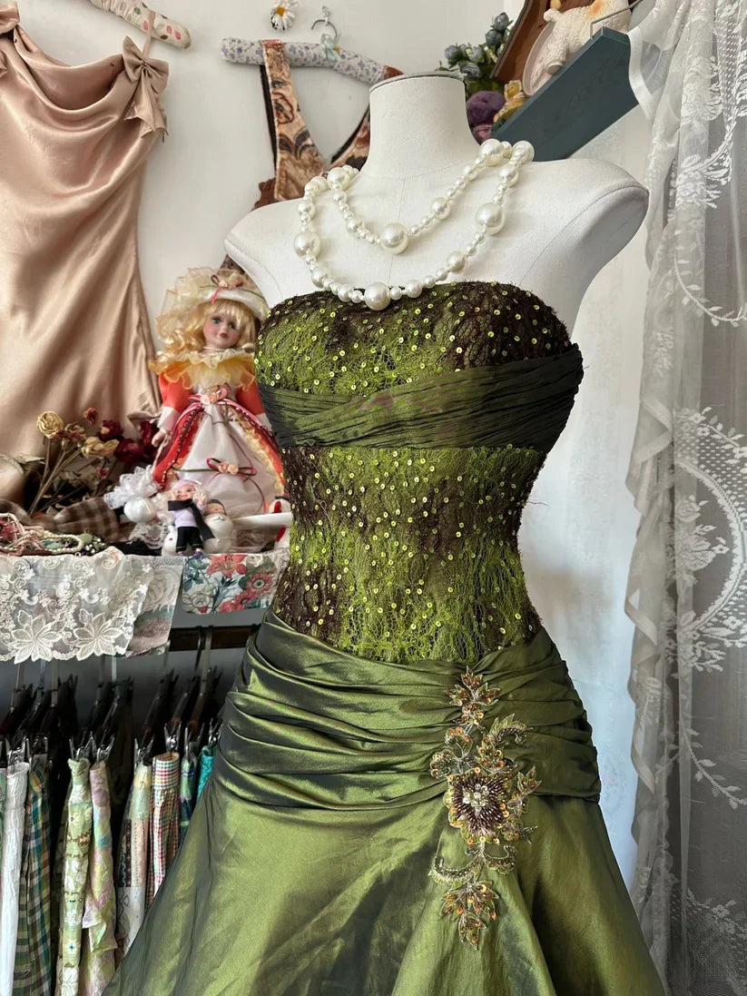 Olive Green Elegant Exquisite Beading Long Satin Vintage Fashion Mermaid Off-the-shoulder Floor-length Evening Gown Ball Gown Prom Dress Ball Gown gh3813