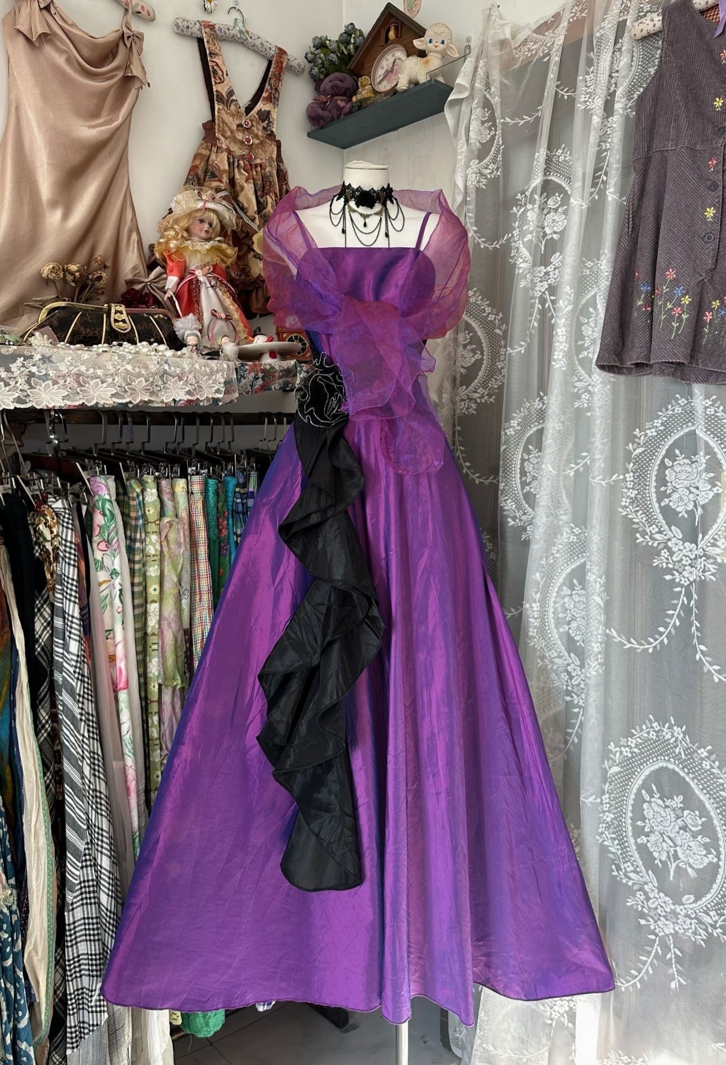 Vintage Fashion A line Spaghetti Straps Grape Floor Length Evening Dress Prom Dresses SD1897