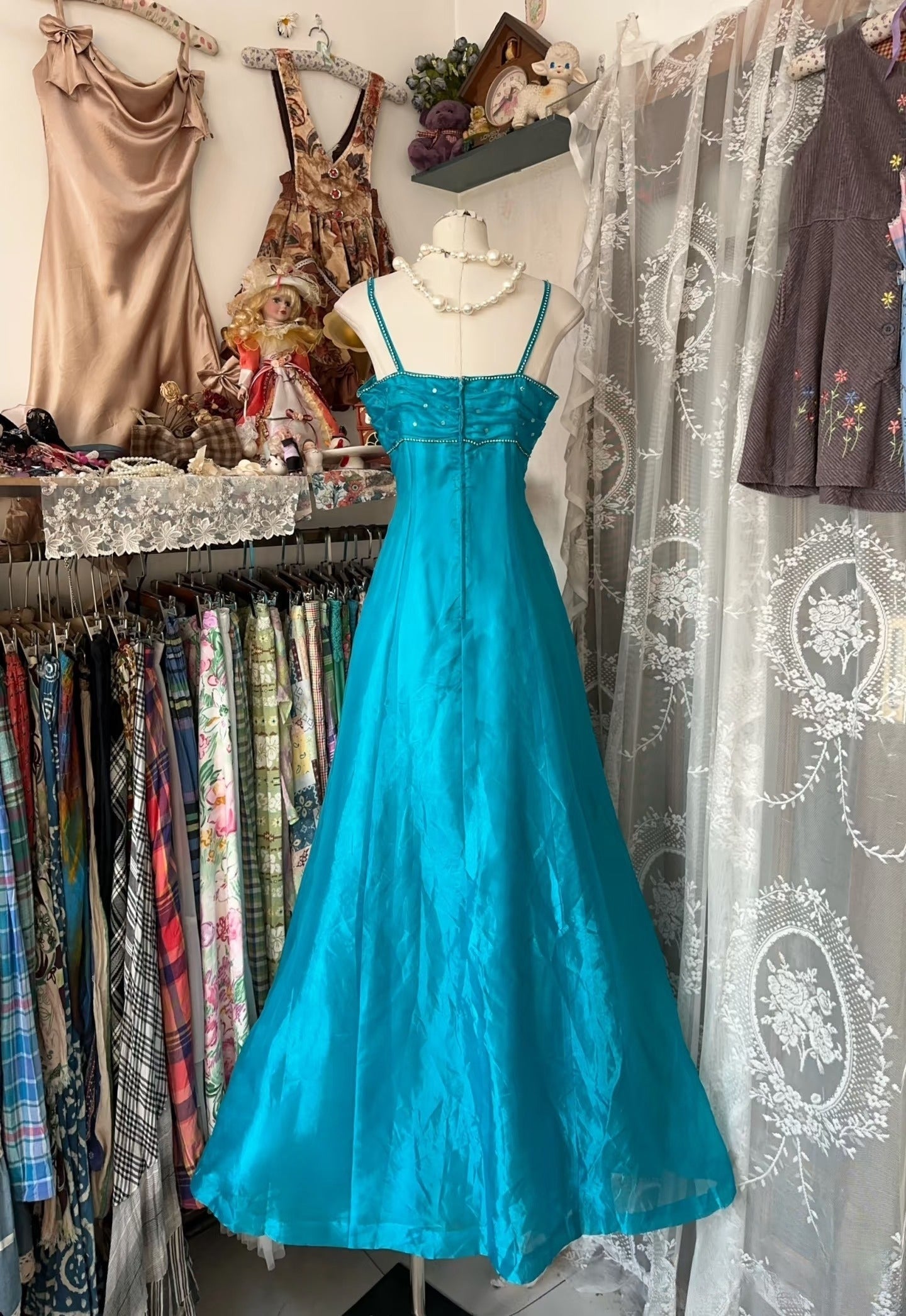 Vintage Fashion A line Spaghetti Straps Blue Floor Length Evening Dress Prom Dresses SD1899